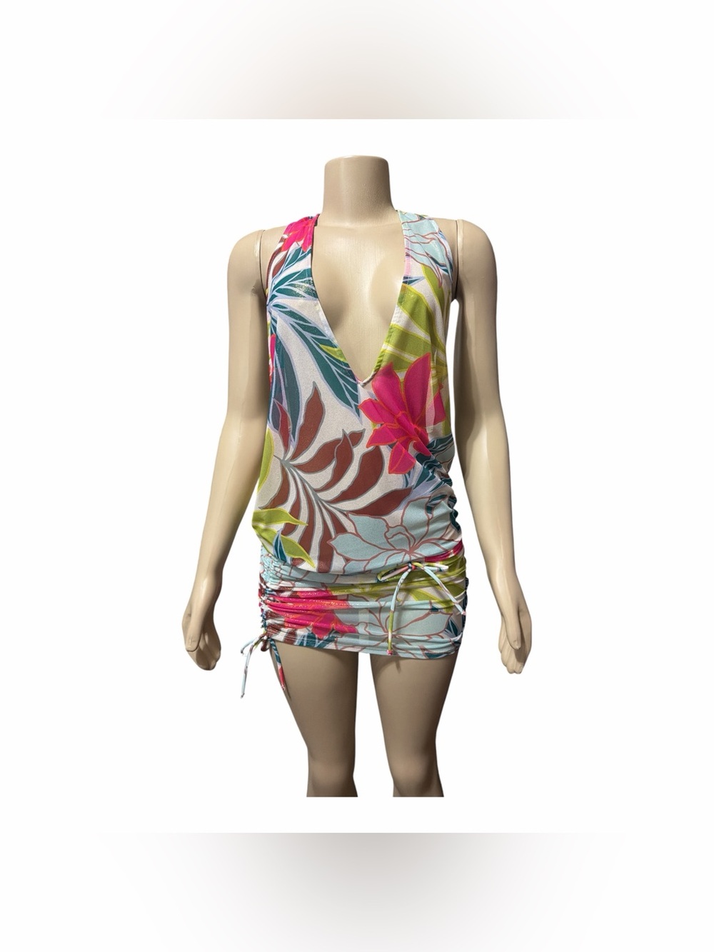 NWT Vince Camuto Swim Size M Racer Back Cover Up Dress Ruched Side Floral Palm - Picture 3 of 13